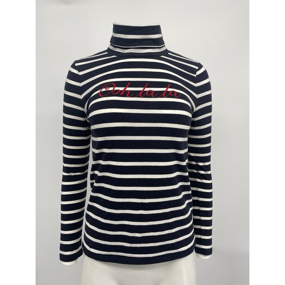 Talbots Long Sleeve Tee Stripe Ooh La La Embroidered Navy White Red Petite SP - Picture 1 of 8